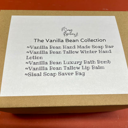 Gift box top label detailing vanilla bean collection, bath bomb, soap bar, lip balm, lotion, sisal bag. 